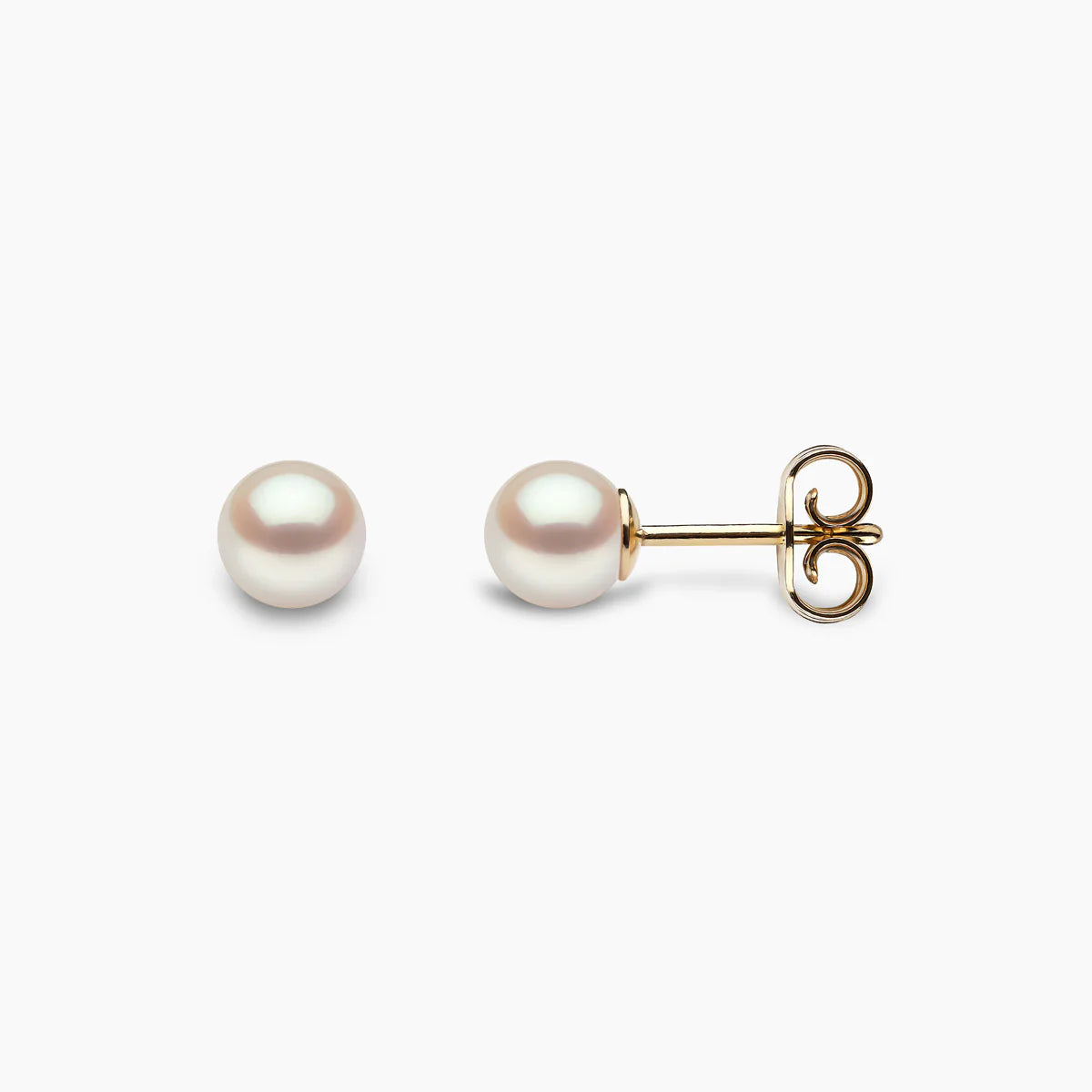 Classic yellow gold pearl stud earrings, front and side  angle view