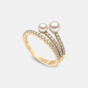 Double Pearl and Diamond Twist Ring in Yellow Gold